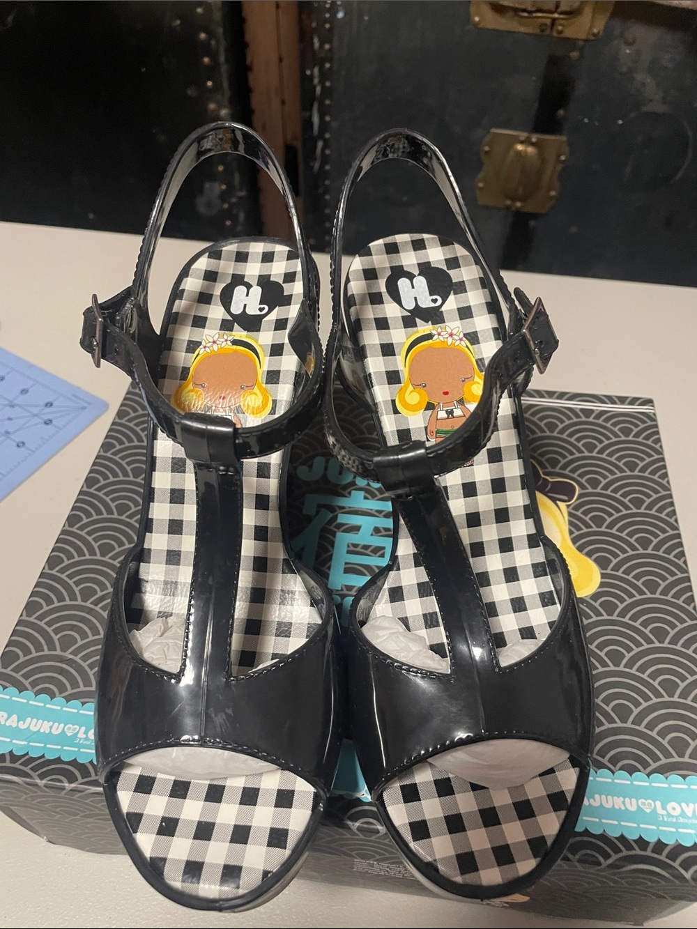 Harajuku Lovers black T-strap platform jelly wedge from mid 2000s
NIB